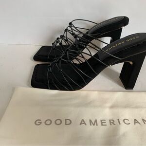 Good American Heels Women 5 Shoe Black Mule Block String Caged Open Toe Neoprene